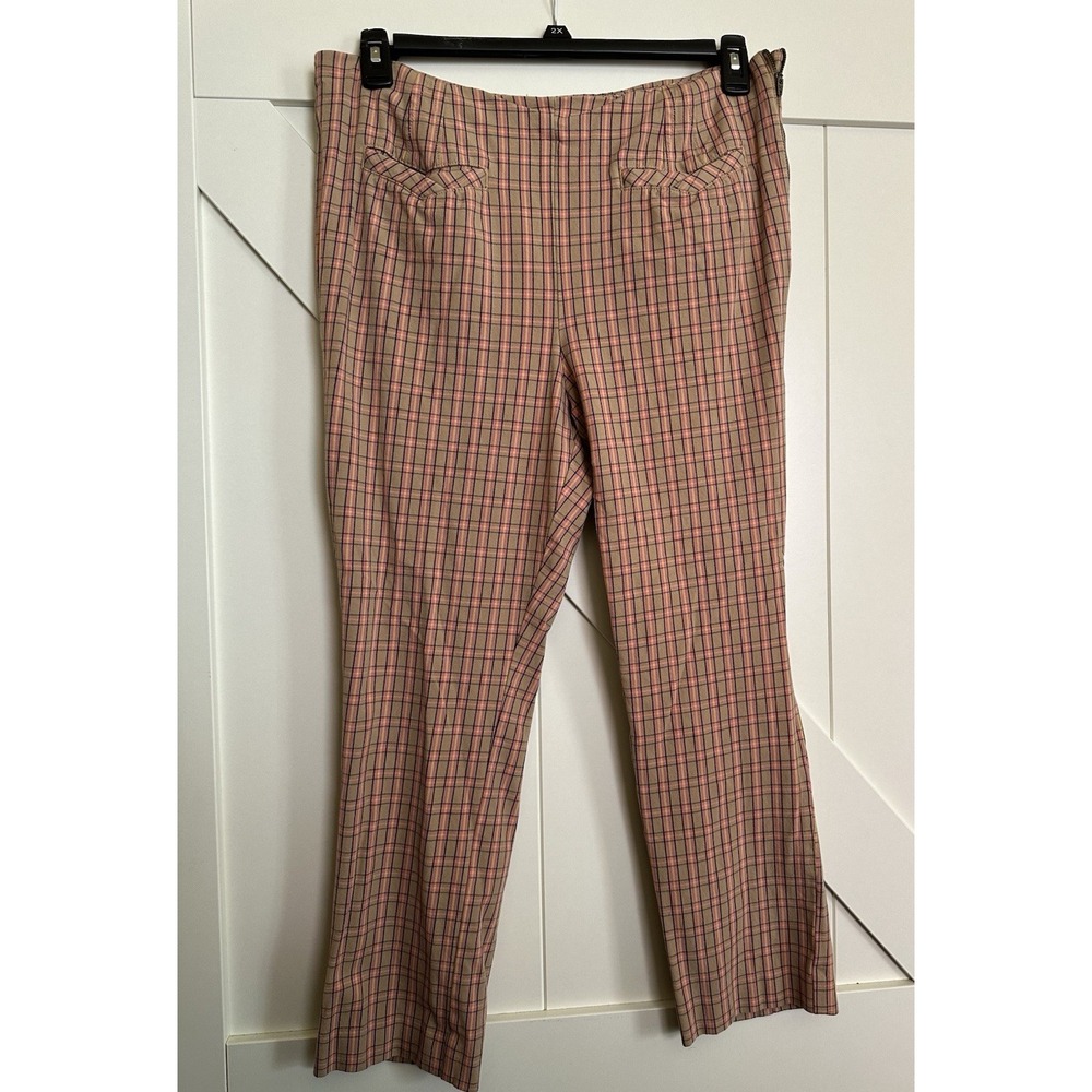 Women's Anthropology Essential Slim Tan & Pink Plaid Pants size 14 Side Zipper